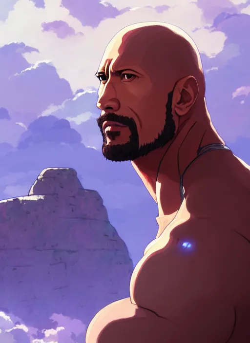 Image similar to portrait of dwayne rock johnson, cloudy sky background lush landscape illustration concept art anime key visual trending pixiv fanbox by wlop and greg rutkowski and makoto shinkai and studio ghibli