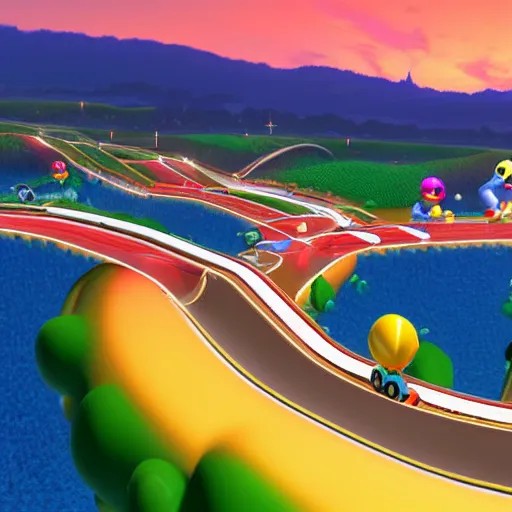 Image similar to A Mario Kart uniquely crafted high quality Track in the clouds at sunrise.