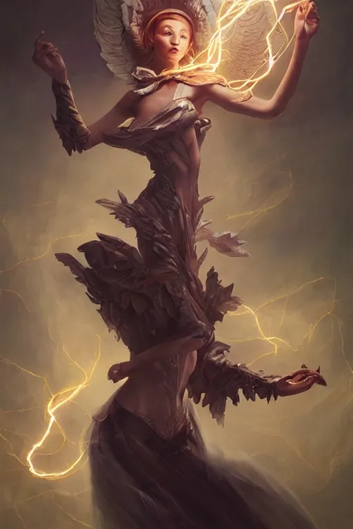 Image similar to portrait of a beautiful model casting magic spell holding electricity, angel, fantasy, dramatic lighting, highly detailed, digital painting, holding electricity, magic the gathering, hyper detailed, 3 d render, hyper realistic detailed portrait, peter mohrbacher, wlop, ruan jia