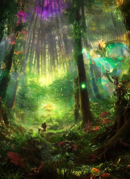 Image similar to glowwave drawing of humongous enchanted forest biome from genshin impact, au naturel, hyper detailed, digital art, trending in artstation, cinematic lighting, studio quality, smooth render, unreal engine 5 rendered, octane rendered, art style by klimt and nixeu and ian sprigger and wlop and krenz cushart.