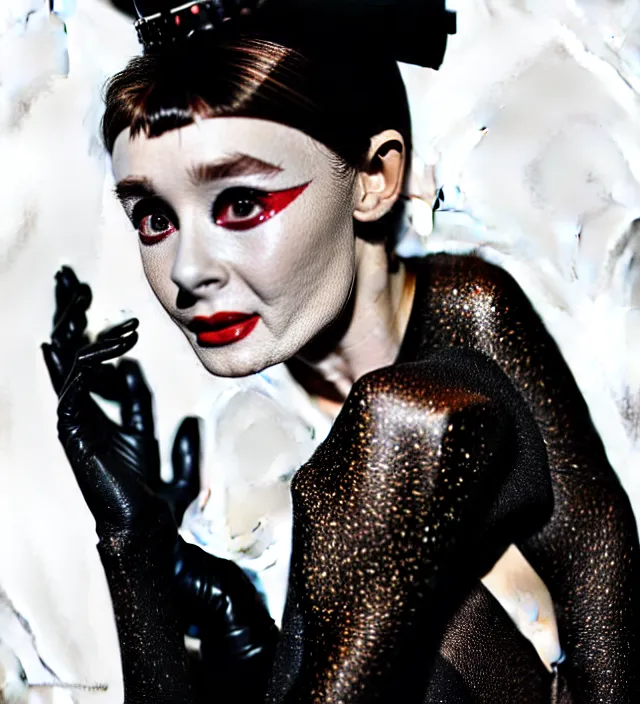 Image similar to photography facial portrait in a gaz station at night of seductive actress audrey hepburn with a dressed from * iris van herpen *, with stylish colorfull makeup. intriguing soft back lighting, geisha tattoo, highly detailed, skin grain detail, photography by paolo roversi, nick knight, helmut newton, avedon, araki