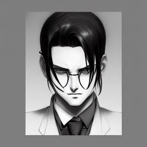 Prompt: Levi Ackerman, elegant, 2d, ultra highly detailed, digital painting, smooth, sharp focus, artstation, black and white art by Ilya Kuvshinov