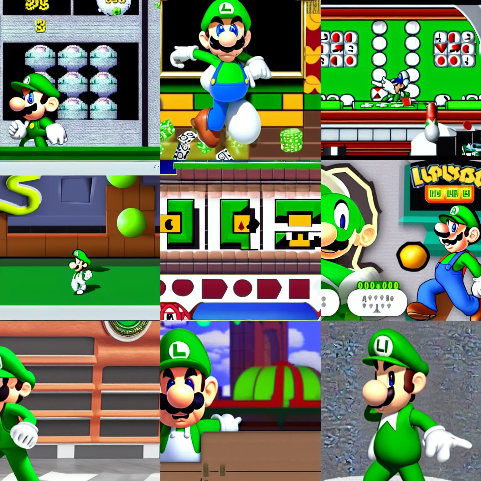 Prompt: videogame screenshot of luigi from super mario bros in his titular casino outfit, white / green / black suit, casino and gambling level