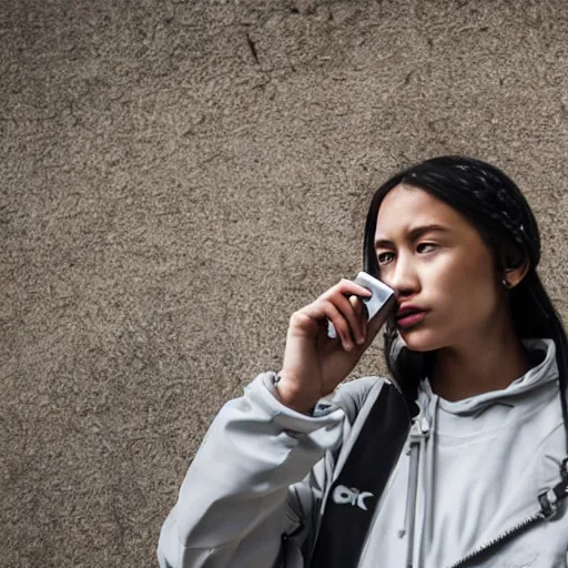 Image similar to candid photographic portrait of a poor techwear mixed young woman using a phone inside a dystopian city, closeup, beautiful garden terraces in the background, sigma 85mm f/1.4, 4k, depth of field, high resolution, 4k, 8k, hd, full color