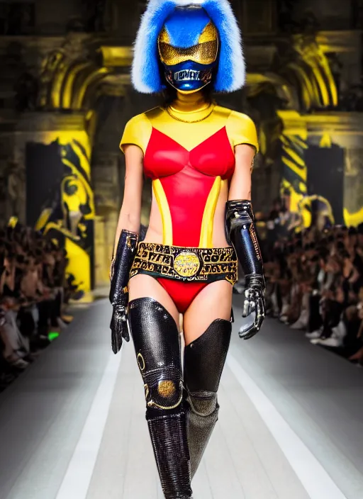 Image similar to hyperrealistic and heavy detailed versace runway show of judge dredd, leica sl 2 5 0 mm, vivid color, high quality, high textured, real life