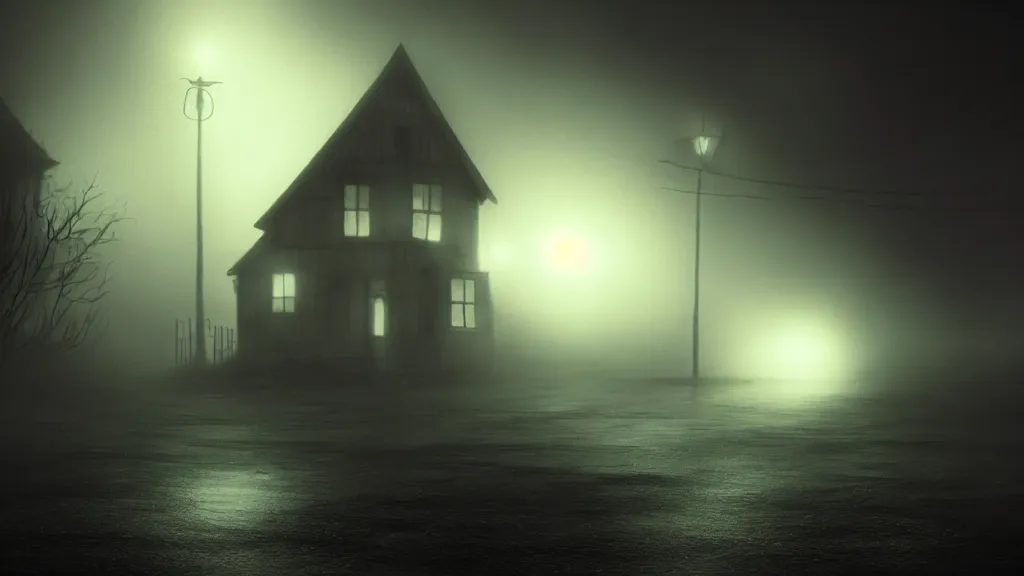 Image similar to thin luminous threads stretch from a black sphere that is in the sky above a small village with many houses in the fog, fog, volumetric lighting, mystique, atmospheric, sharp focus, ultra detailed, ross tran, thierry doizon, kai carpenter, ignacio fernandez rios, noir art house, 4 k, 3 5 mm