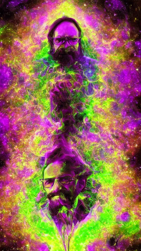 Image similar to terrance mckenna protrait in a nebula with fractals and mushrooms, vivid psychadelic colorful purple, 8 k, high deatil, artstationhd, smoke mirrors