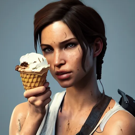 Prompt: Lara croft eat ice cream ,dramatic, intricate, highly detailed, concept art, smooth, sharp focus, illustration, Unreal Engine 5, 8K