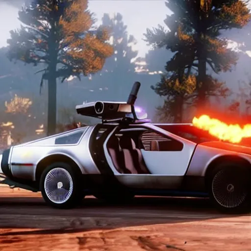 Image similar to dmc 1 2 delorean with a jet engine on the back in red dead redemption 2