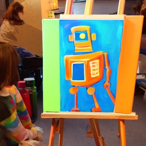 Prompt: A robot with paint at an easel painting but its batteries wore out