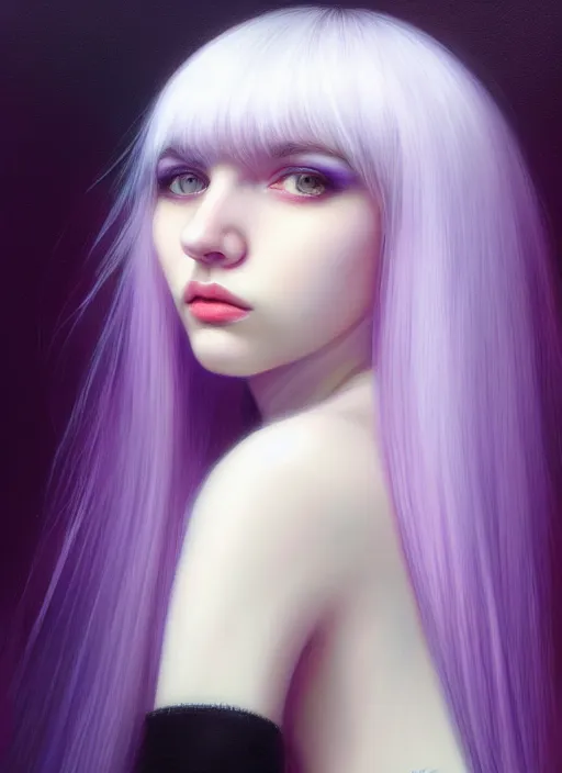 Image similar to hair whitebangs hair, black hair, whitebangs, portrait of teenage girl with white bangs, red irises, purple clothes, white bangs, bangs are different color from hair, intricate, elegant, glowing lights, highly detailed, digital painting, artstation, concept art, smooth, sharp focus, illustration, art by wlop, mars ravelo and greg rutkowski