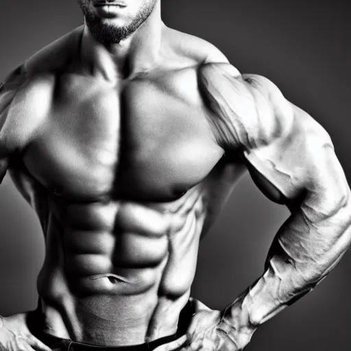 Image similar to a fitness photo of an extremely muscular alpha male, black and white, over pronounced jawline