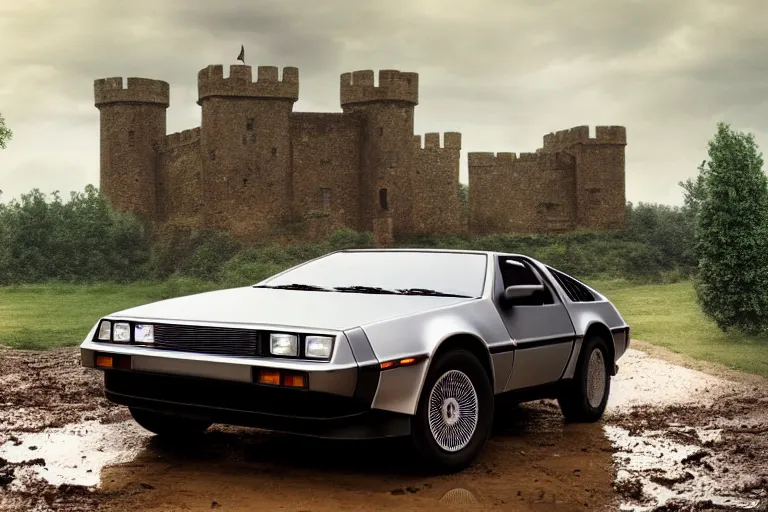 Prompt: Delorean car driving on a muddy road by a small castle, in the middle ages, digital matte painting, 4k UHD, desktop wallpaper