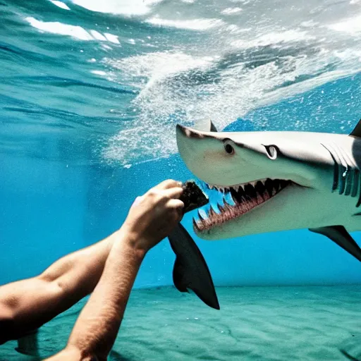 Image similar to a man feeding a shark in a pool