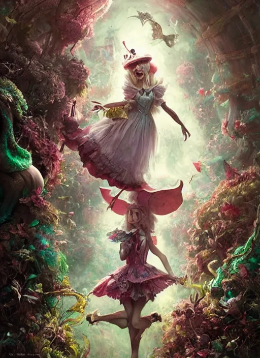 Image similar to Alice in Wonderland,highly detailed,cinematic,8k,by Stanley Artgermm,Tom Bagshaw,Greg Rutkowski,Carne Griffiths, Ayami Kojima, Beksinski, Giger,Anne Stokes, Benjamin Lacombe,trending on DeviantArt,hyper detailed,horror, full of colour