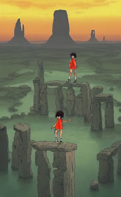 Image similar to a realistic cell - shaded studio ghibli concept art from paprika ( 2 0 0 6 ) of a flying android from close encounters of the third kind ( 1 9 7 7 ) in a flooded monument valley stonehenge jungle on a misty starry night. very dull colors, action shot, hd, 4 k, hq