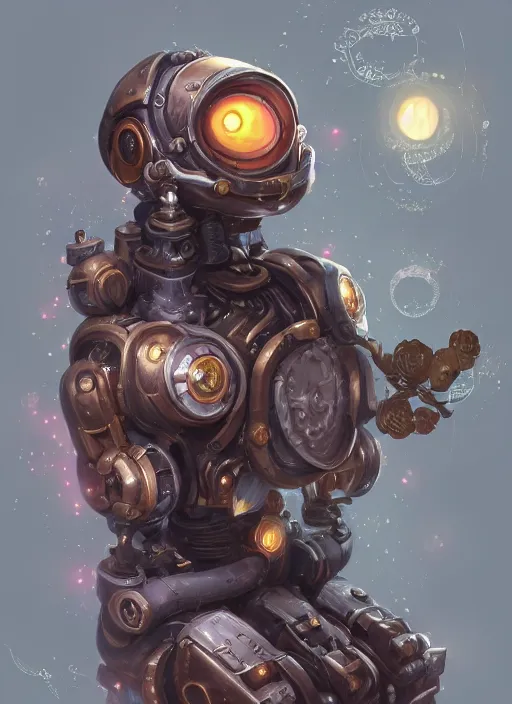 Image similar to a highly detailed illustration of gentle cute giant steampunk robot, cute glowing eyes and smile, adorably sitting gentle pose, intricate, elegant, highly detailed, centered, digital painting, artstation, concept art, smooth, sharp focus, league of legends concept art, WLOP
