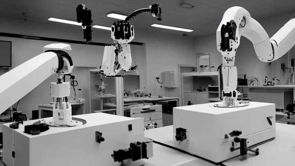 Image similar to a complex bifurcated robotic cnc surgical arm hybrid mri 3 d printer machine making black and white ceramic mutant forms in the laboratory inspection room, film still from the movie directed by denis villeneuve with art direction by salvador dali, wide lens