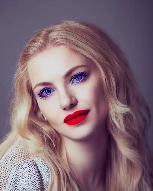 Image similar to A portrait of a beautiful blonde woman with beautiful blue eyes and beautiful red lips, piercing eyes, in heaven, highly detailed, bokeh, professional photograph, full body shot 4K, HD