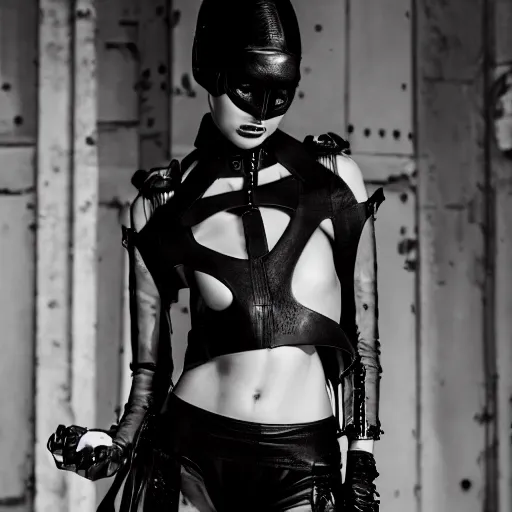 Image similar to fashion photography of an extraterrestrial model, holding a leather whip, wearing demobaza fashion, inside berghain, berlin fashion, harness, futuristic fashion, dark minimal outfit, photo 3 5 mm leica, hyperdetail, berghain, 8 k, very detailed, photo by nick knight