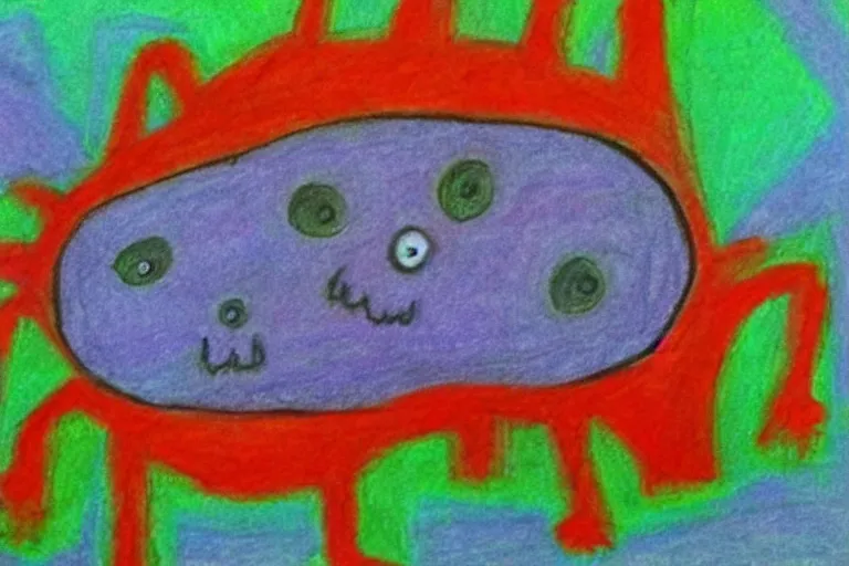 Prompt: a childs crayon drawing of the monster that lives under his bed, horror!!, terror!!!