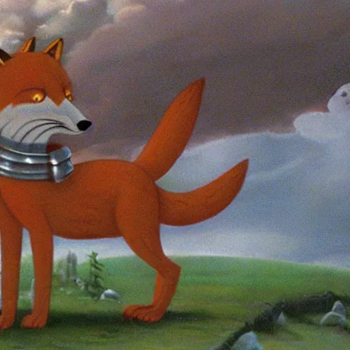 Image similar to anthropomorphic fox!! who is a medieval knight holding a swo - rd towards a stormy thundercloud [ 1 9 3 0 s film still ], ( castle in the background )