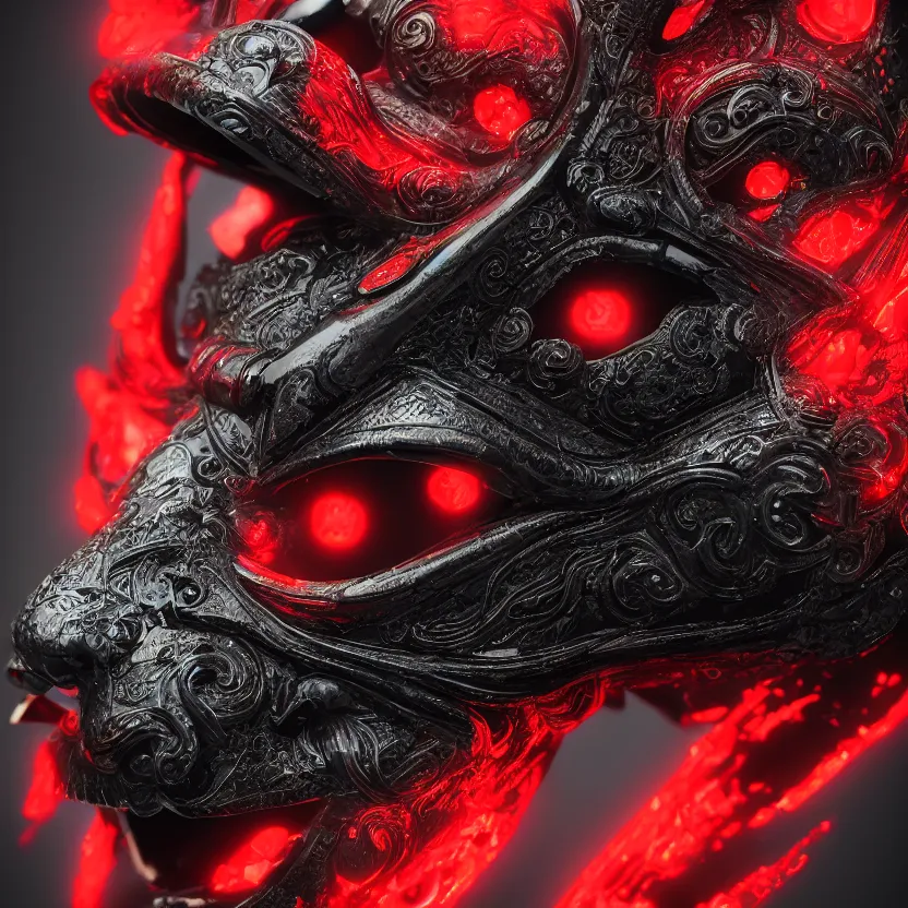 Image similar to a black symmetrical centered Japanese traditional oni mask, kintsugi, dramatic angle, ornate, details, smooth, sharp focus, illustration, realistic, cinematic, artstation, award winning, rgb , unreal engine, octane render, cinematic light, macro, depth of field, blur, red cloud light, 8K,