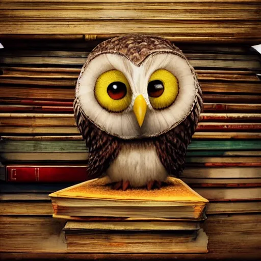 Image similar to long shot of a very cute plushy owl sitting on a pile of antique books, big eyes, eyelids half closed, by esao andrews, humorous illustration, hyperrealistic, big depth of field, fresh colors, dim light, 3 d octane render conceptart, 4 k, hyperdetailed, trending on artstation