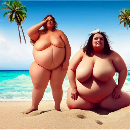 Image similar to The photo depicts an obese woman in a bathing suit, with her curves and rolls exaggerated. She has a look of surprise on her face, as if she can't believe what she's seeing. The background is a fake beach scene, complete with palm trees and sand. The overall effect is both hilarious and surreal. Photomanipulation.