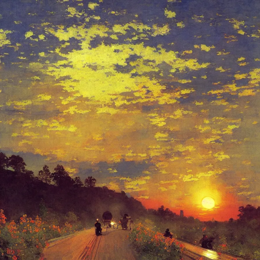 Prompt: cover artwork about a metaphorical highway that leads to the sun during a beautiful morning sunrise, painted by gaston de la touche, winslow homer, thomas moran, steve mitchell...