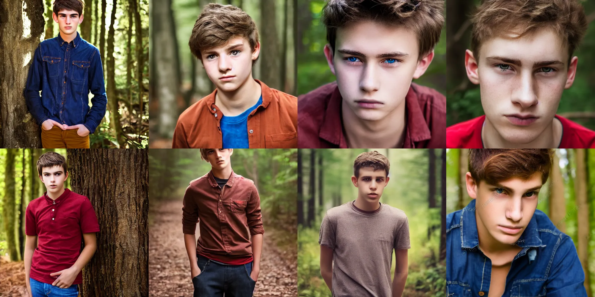Prompt: portrait, male teenager, detailed face, brown hair, red shirt, blue jeans, dark shaped eyes, walking in forest, realistic photo.