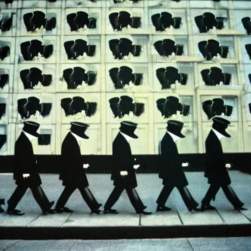 Image similar to wide-shot low-angle photo of empty!!! animated clothes (((heads))) walking down the street in New York, polaroid photo, by Andy Warhol, by Rene Magritte