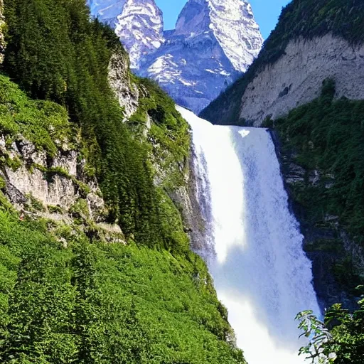 Prompt: Lauterbrunen Vally waterfall and Jungfrau visible, mid-summer, Pointillist style