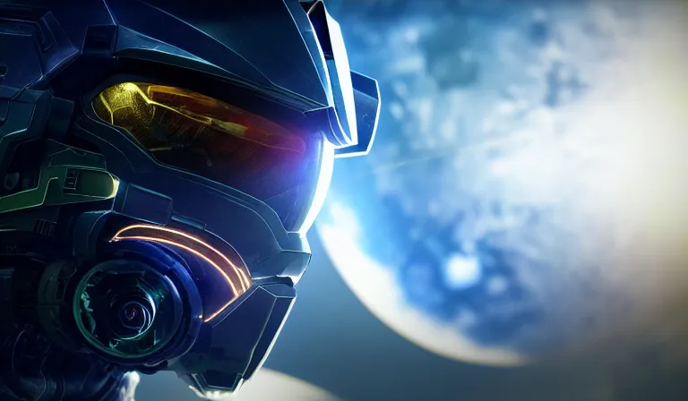 Image similar to cyberpunk halo helmet on space, planet behind, close shot, reflection, epic, dramatic, cinematic, award winning, ultra detailed, realistic, 8k,