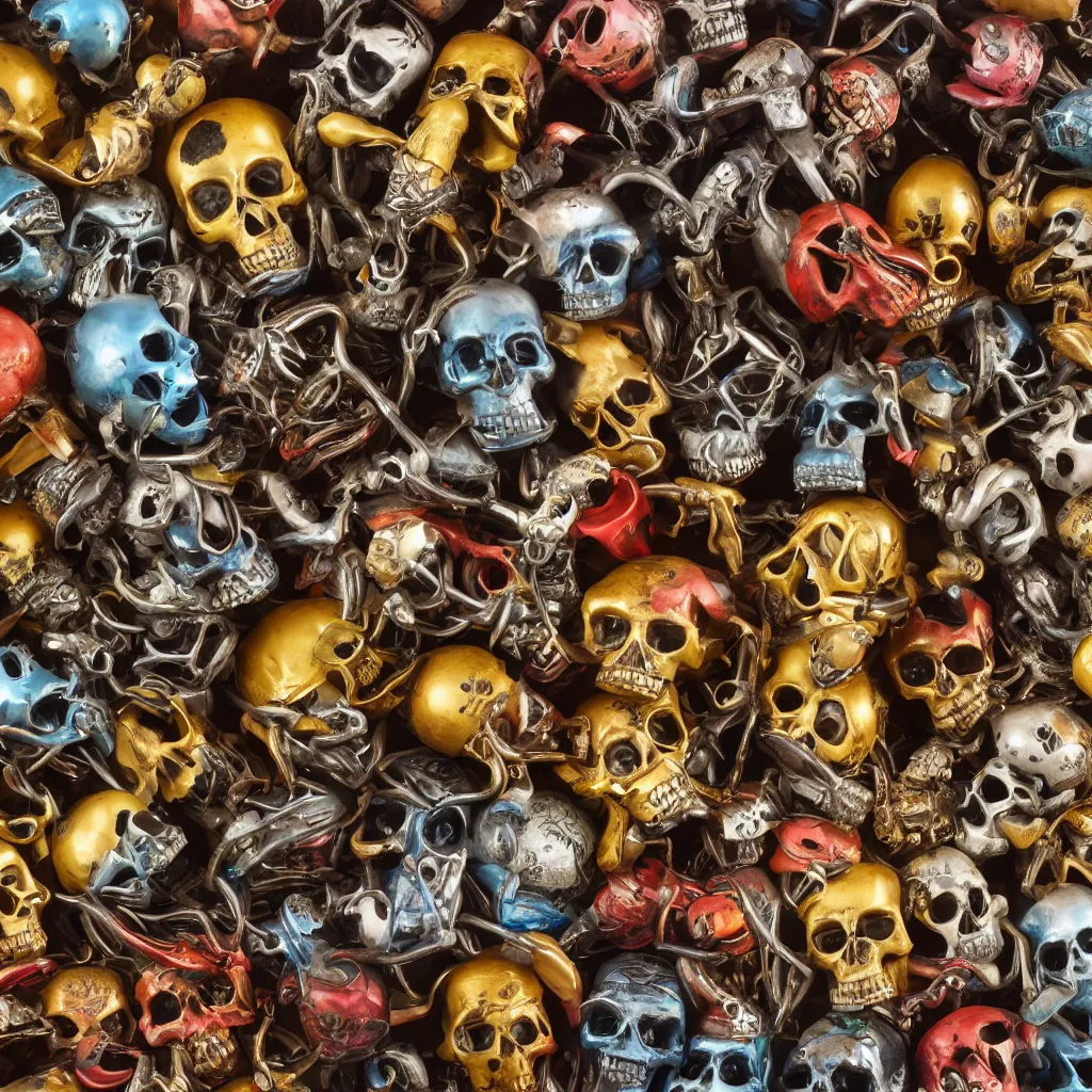 Image similar to a collection of rare large insects and metal skulls, inside different color wooden boxes. top down photo, close macro photo. cinema 4d render , studio photo, 8k