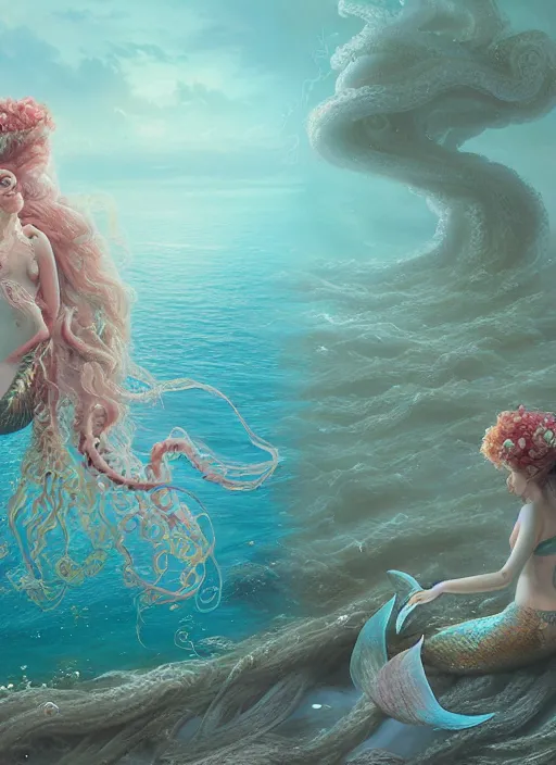 Prompt: a romantic scene of a young mermaid in love with beautiful long sea weed hair, flowers and octopus, 3 d render, hyper realistic, digital painting, fantasy art, beeple, peter mohrbacher, thomas kinkade