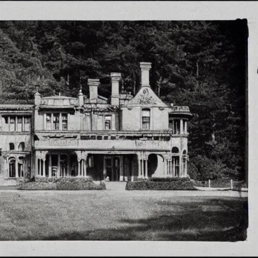 Image similar to edwardian photograph of a huge mansion, in the countryside, grainy, 1 9 1 0 s, 1 9 2 0 s, blurry, victorian, detailed