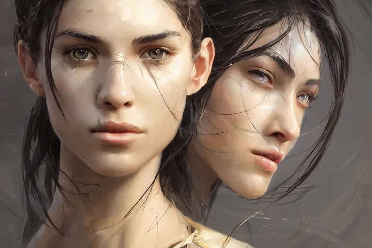 Image similar to a portrait of an attractive young woman, clothed in battle armor, olive skin, long dark hair, beautiful bone structure, symmetrical facial features, intricate, elegant, highly detailed, digital painting, trending on Artstation, concept art, smooth, sharp focus, illustration, from Metal Gear by Ruan Jia and Mandy Jurgens and Artgerm and greg rutkowski and william-adolphe bouguerea, award winning