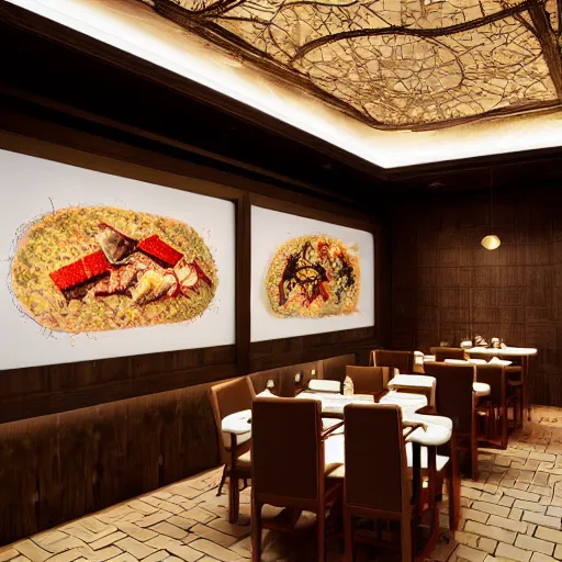 Image similar to a beautiful hyperdetailed interior render of roasted string hotpot restaurant restaurant yan'an, wall corner, from china, with merchant logo, fine delicate structure, chinese style, simple composition, simple style structure decoration design, victo ngai, 4 k hd