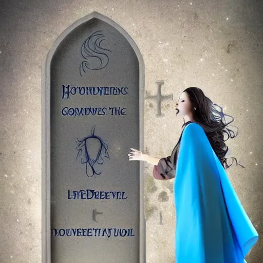Image similar to a confident mage woman with long blue cape and brown flowing hair!! disovering a graveyard of dreams, inside a futuristic portal!!