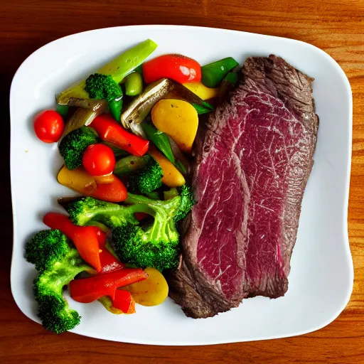 Prompt: steak dinner, large square white plate, vegetables, 4 k