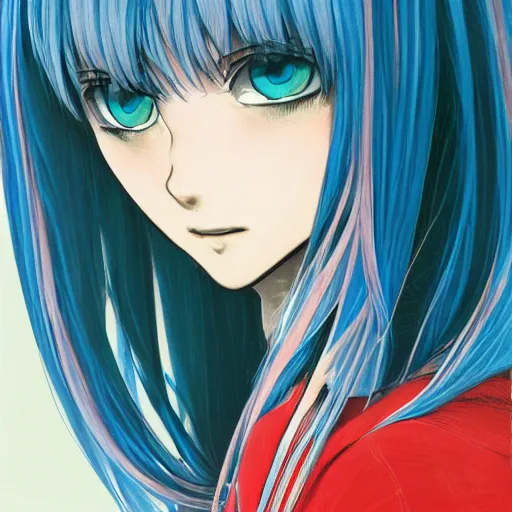 Prompt: profile shot of rimuru tempest, sky blue straight hair, long bangs, gold eyes, amber eyes, wearing a black jacket with white stripes, high collar, ultra detailed, wild brush strokes, digital painting, cinematic, wlop, pixiv, color block, eerie, scary, yoshitaka amano, ilya kuvshinov, andy warhol