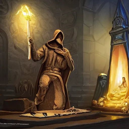 Prompt: a hooded cultist is stabbing a banana placed on an altar, in front of a stone statue of a forgotten god, by patrick mcenvoy and michael komarck and fantasy flight, incredible quality, trending on artstation