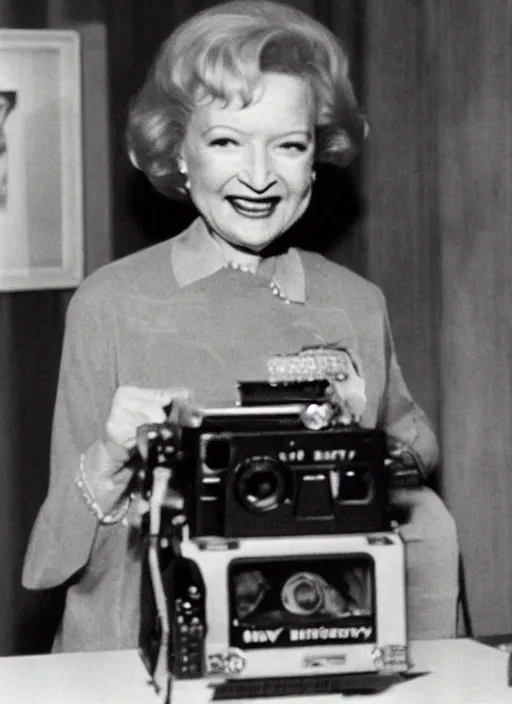 Image similar to a grainy film photo of Betty White, Kodak Brownie Camera