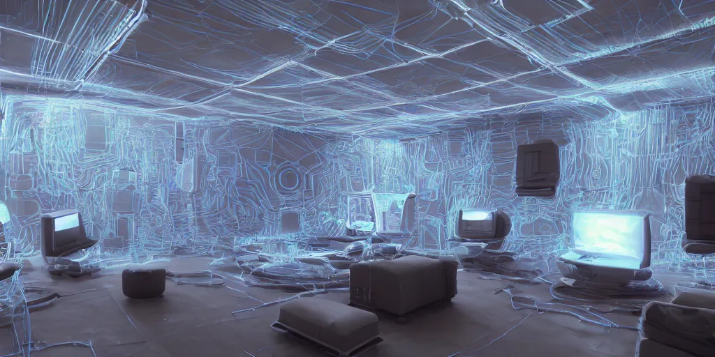 Image similar to a photorealistic futuristic 3D room with four walls covered with glowing CRT computer monitors embedded into the wall surrounded by fuzzy pipe cleaners, Trending on artstation, cinematic lighting from the right, hyper realism, octane render, 8k, depth of field, 3D