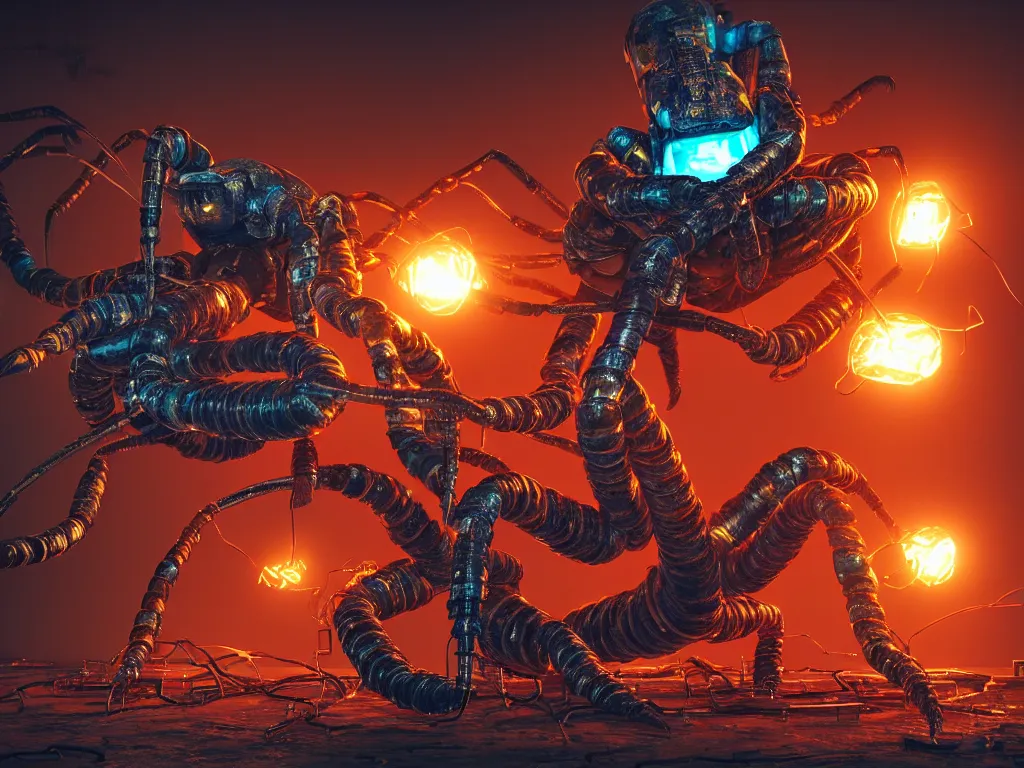 Image similar to A frightening gigantic evil robot scorpion devouring books with pipes and tubes and wires, hyperealistic very colourful hdr cinematic lighting cgi render photorealistic cinematic octane render