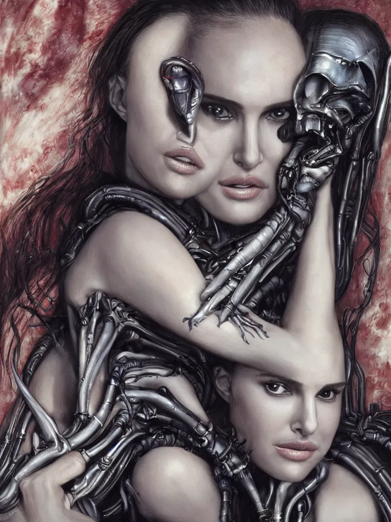 Prompt: a beautiful portrait of natalie portman with a xenomorph alien queen by h.r. giger, detailed, proportional, trending on art station, 4k