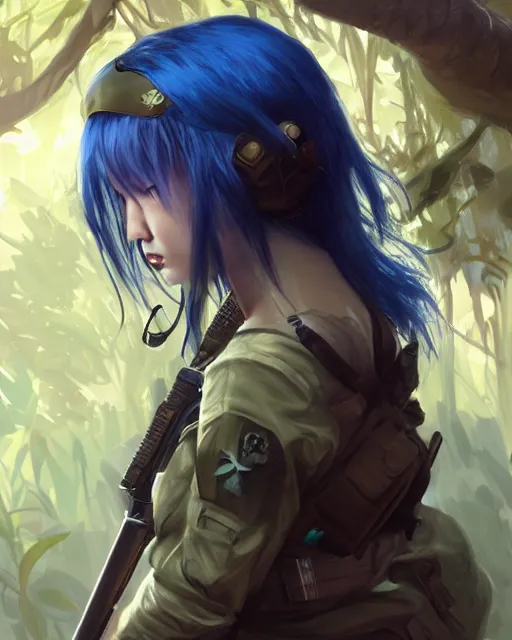 Image similar to stunningly beautifuljapanese girl with blue hair, fantasy art, military girl, army girl outfit, soldier helmet, jungle background, dark light night, sharp focus, digital painting, 8 k, concept art, art by wlop, artgerm, greg rutkowski and alphonse mucha