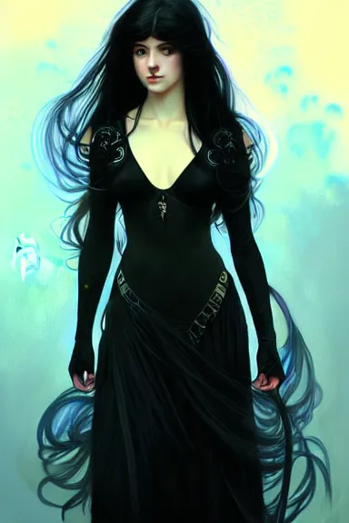 Image similar to portrait of teenage girl with long glossy black hair, blue eyes, glowing skin, fashion model features, fantasy, intricate, elegant, black dress, highly detailed, digital painting, artstation, concept art, smooth, sharp focus, illustration, art by Krenz Cushart and Artem Demura and alphonse mucha