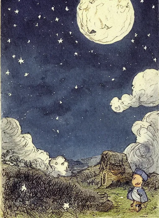 Image similar to night sky, stars, moon prominently in the center, surrounded by clouds, landscape, illustrated by peggy fortnum and beatrix potter and sir john tenniel